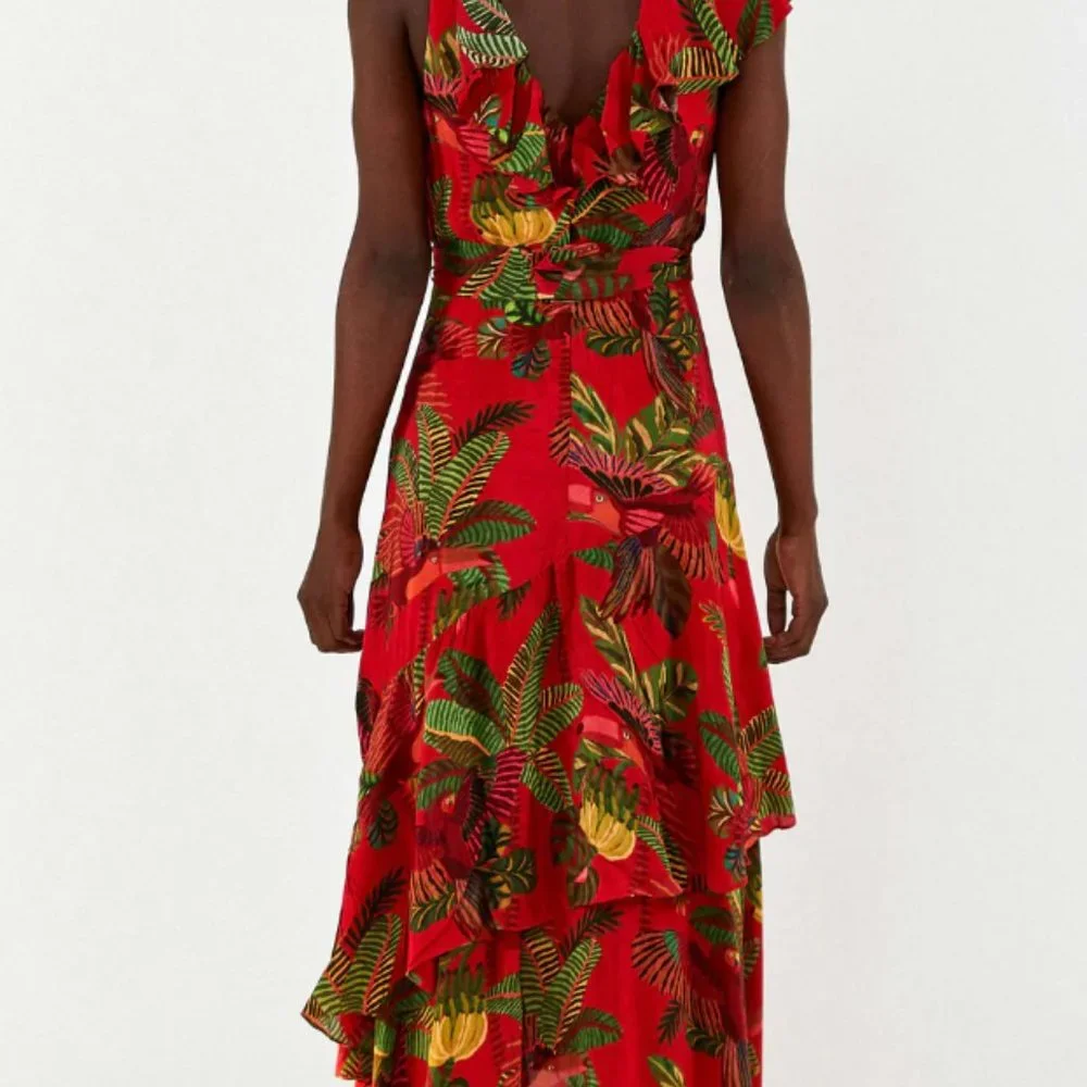 FARM Rio Red Tropical Leaf Midi Dress with Green Accents - Picture 3 of 6